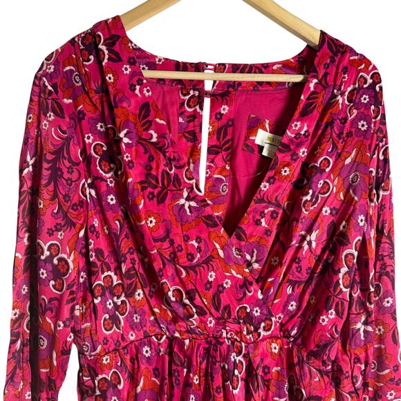 Maeve Anthropologie Pink Floral Print Long Sleeve Wrap Mini Dress Size Medium - Picture 5 of 16